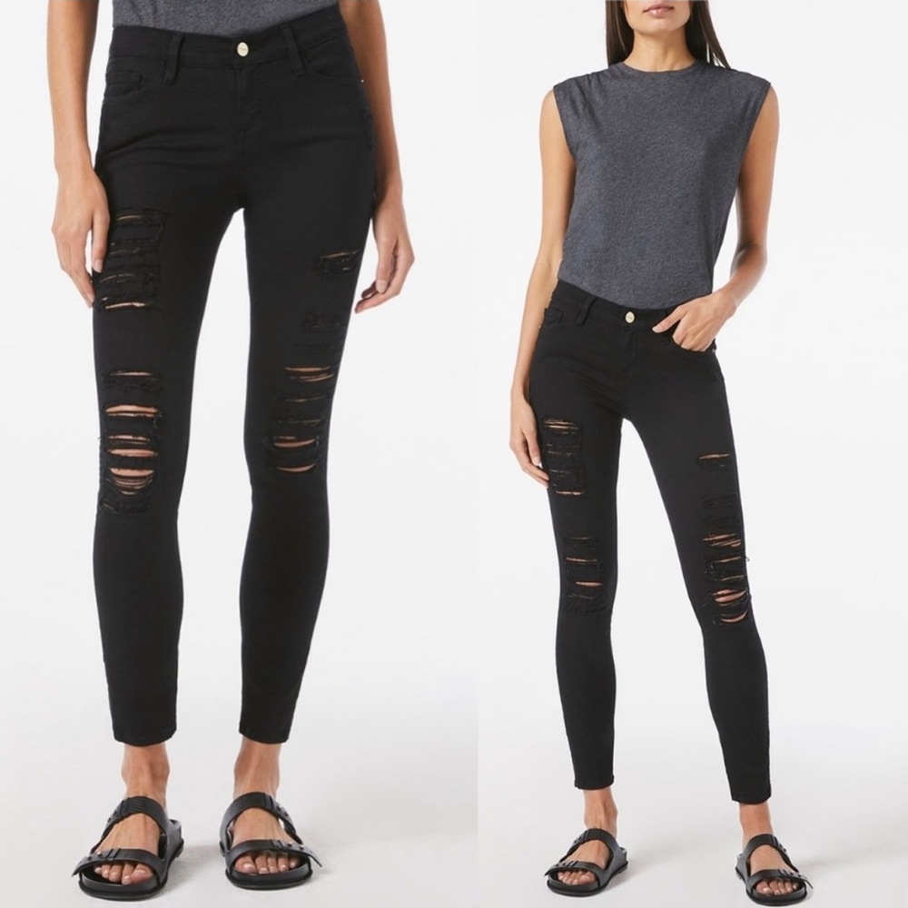 *FRAME* Black Le Skinny Denim Jeanne Distressed Jeans